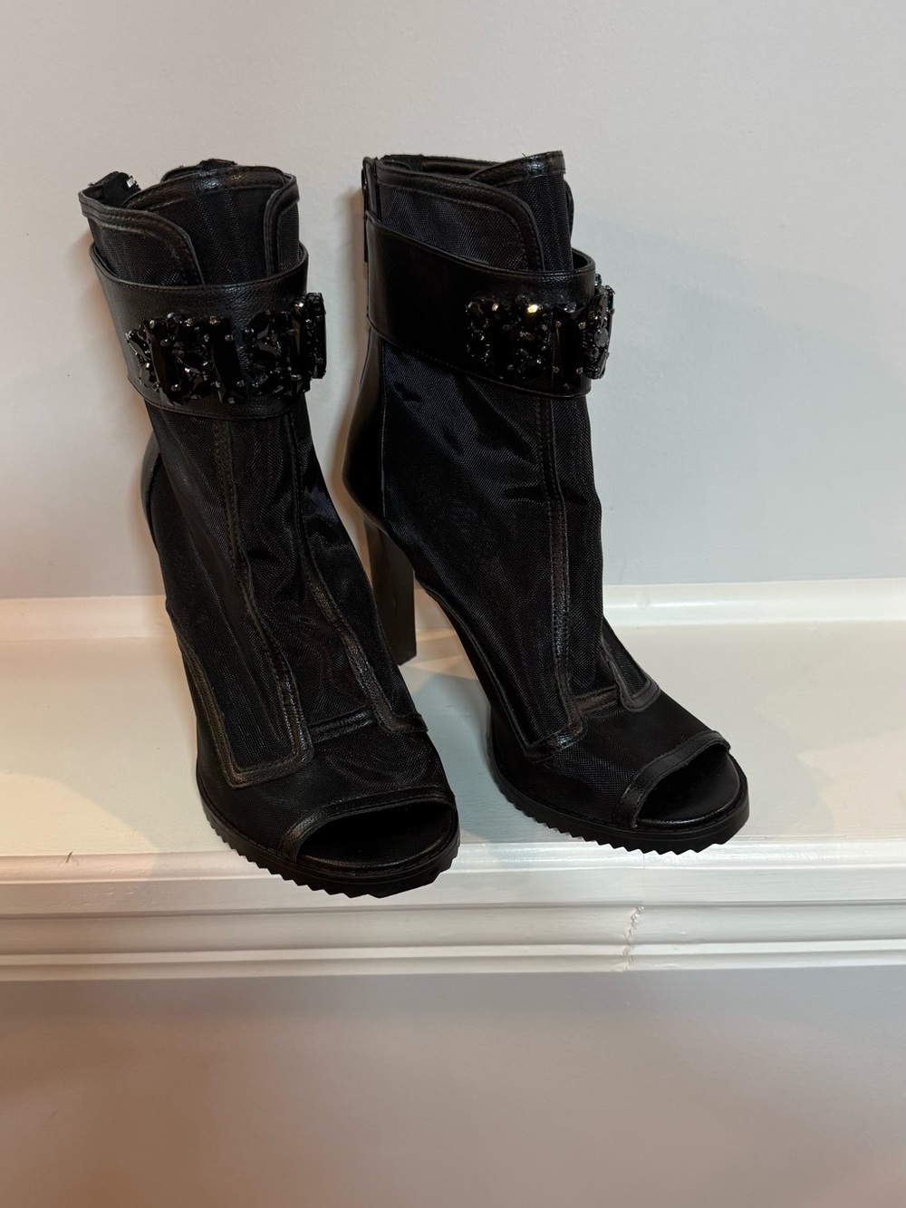 Karl Lagerfeld Black Jewel-Strap Peep-Toe Heeled Boots 8